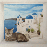 Trompe l'oeil chat sur rebord de fenêtre avec vue panoramique sur Santorin