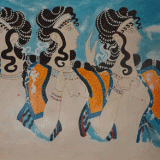 Reproduction fresque antique crétoise dames en bleu de Cnossos, acrylique