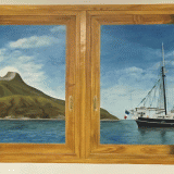 Trompe l'oeil peint : fenêtre en bois merisier de cabine de bateau, volcan Stromboli en Sicile et voilier 3 mâts - 0,8 x2m