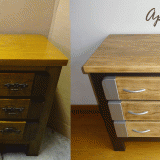 Relooking commode Gautier : céruse veinage bois de chêne / patines métal oxydé et argent / Avant-Après