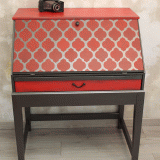 Secrétaire bois relooké patines fonte et rouge vieilli + motifs orientaux rouge, peinture décorative 31