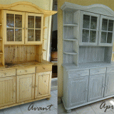 Relooking d'un meuble en pin, patine décorative chaulé gris et blanc, avant et après