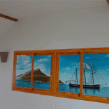 Fausse fenêtre cabine bateau peint, trompe l'oeil mural panoramique Sicile
