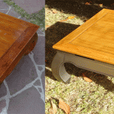 Table Opium relookée : mise en valeur veinage du bois et base patinée métal acier - Avant et Après