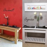 Console en bois blanchi + gris foncé métal, patines décoratives